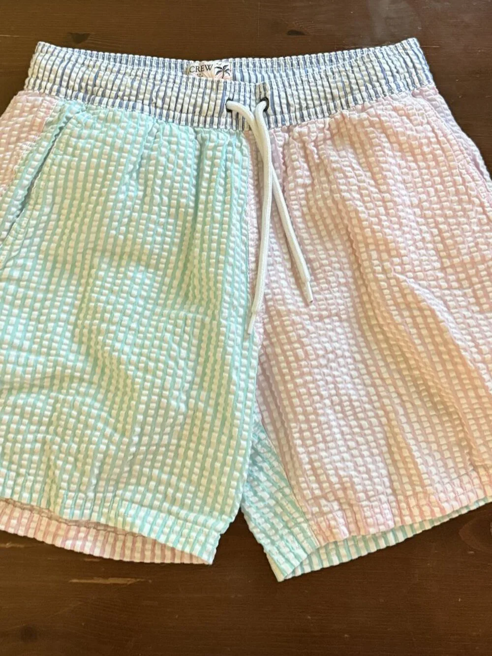 J. Crew Pastel Mint & Pink Seersucker Swim Trunks
